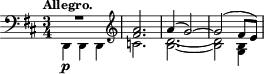 \relative c' { \time 3/4 \key d \major \clef bass \tempo "Allegro." << {R2. \clef treble <fis a>2. a4( g2)~ g( fis8 e)} \\ {d,,4-\p d d \clef treble c''2. <d b>2.~ <d b>2 <b g>4} >> }