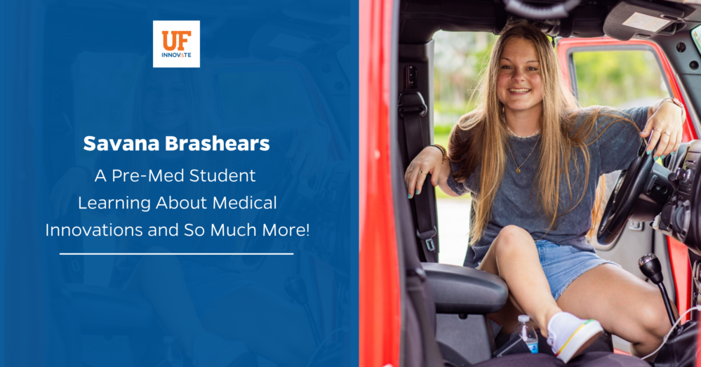 Savana Brashears, an intern at UF Innovate Tech Licensing, sits in a truck and smiles confidently