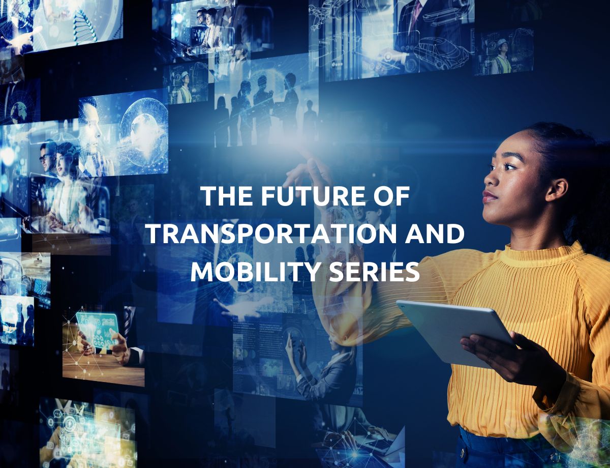 The Future of Transportation and Mobility Series. Photo of an individual holding an iPad and pointing at projected images