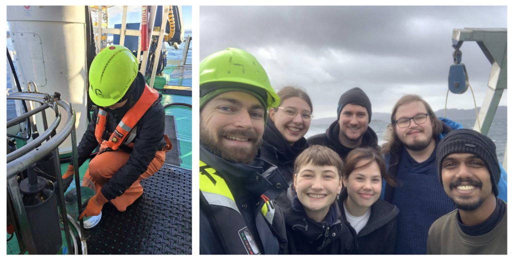 Wrok on board the reserach wesse (person holding a transparent cylinder with water) and a group photo of the participants