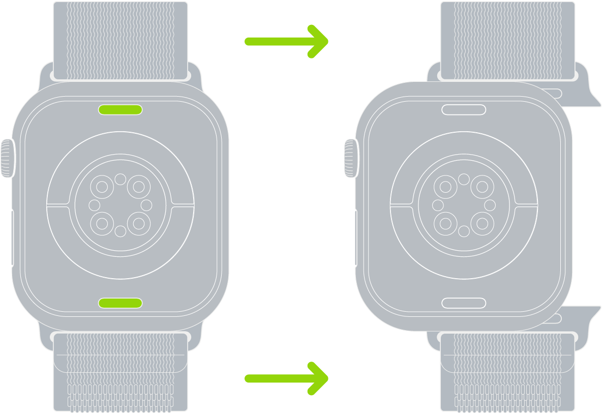 Apple Watchの2つの画像。左側の画像は、バンドリリースボタンを示しています。右側の画像は、バンドの取り付け口に一部挿入されているApple Watchバンドを示しています。
