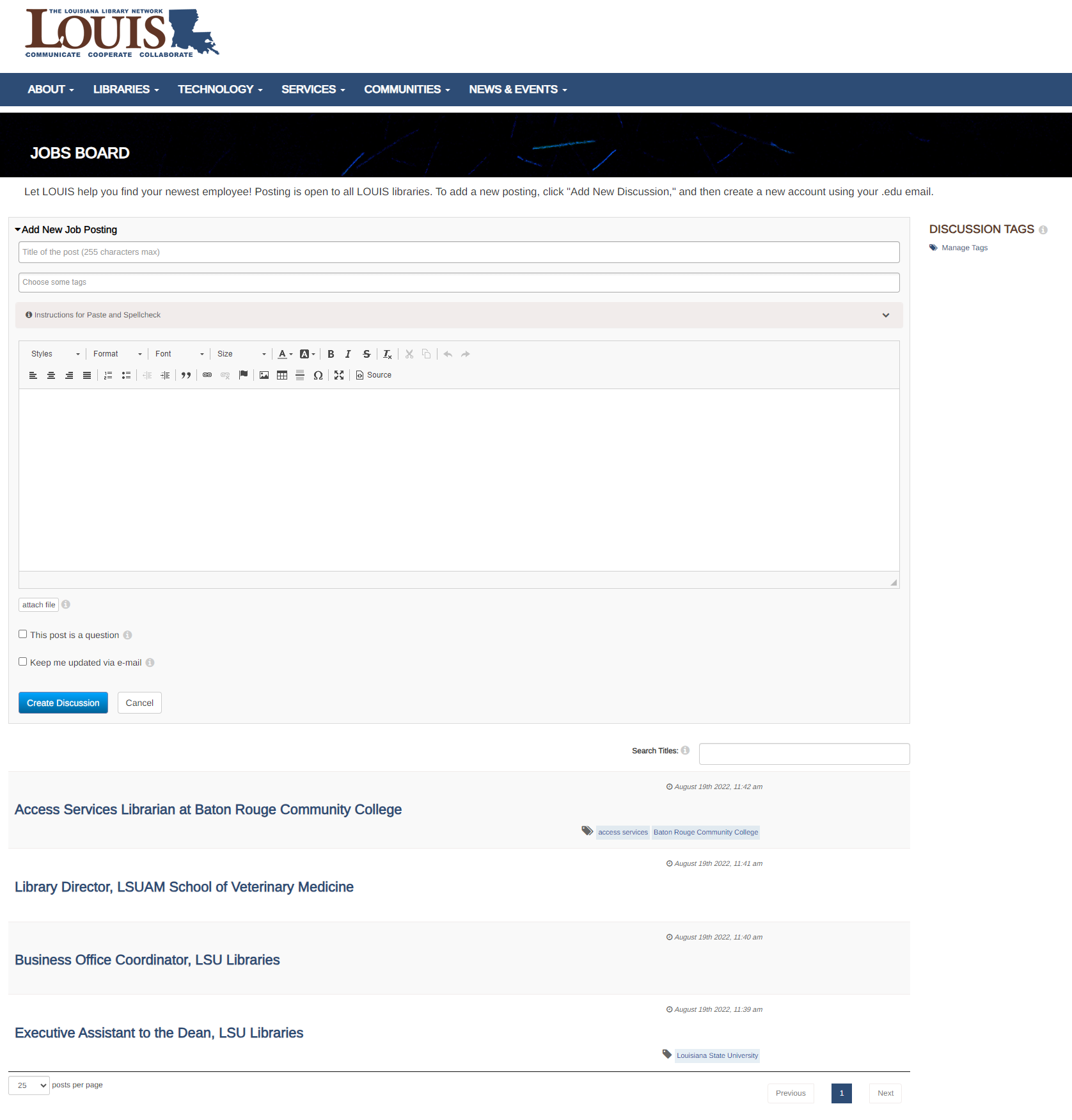 LOUIS Jobs Board draft using LibGuides’ Discussion Board