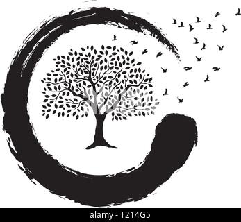 tree, birds and zen symbol Stock Vector