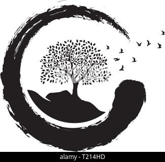 tree, birds and zen symbol Stock Vector