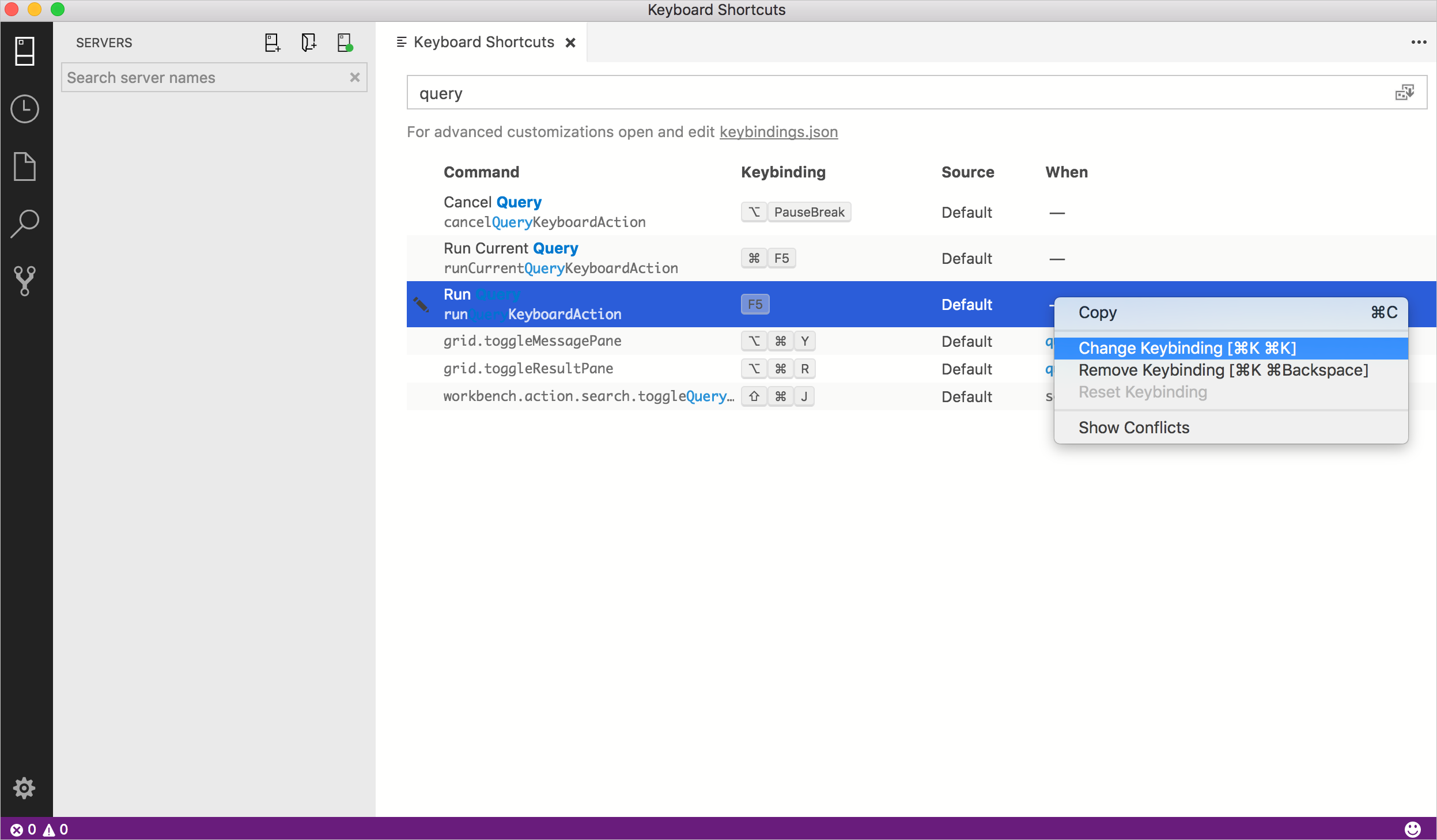 Screenshot of edit keyboard shortcut in Azure Data Studio.