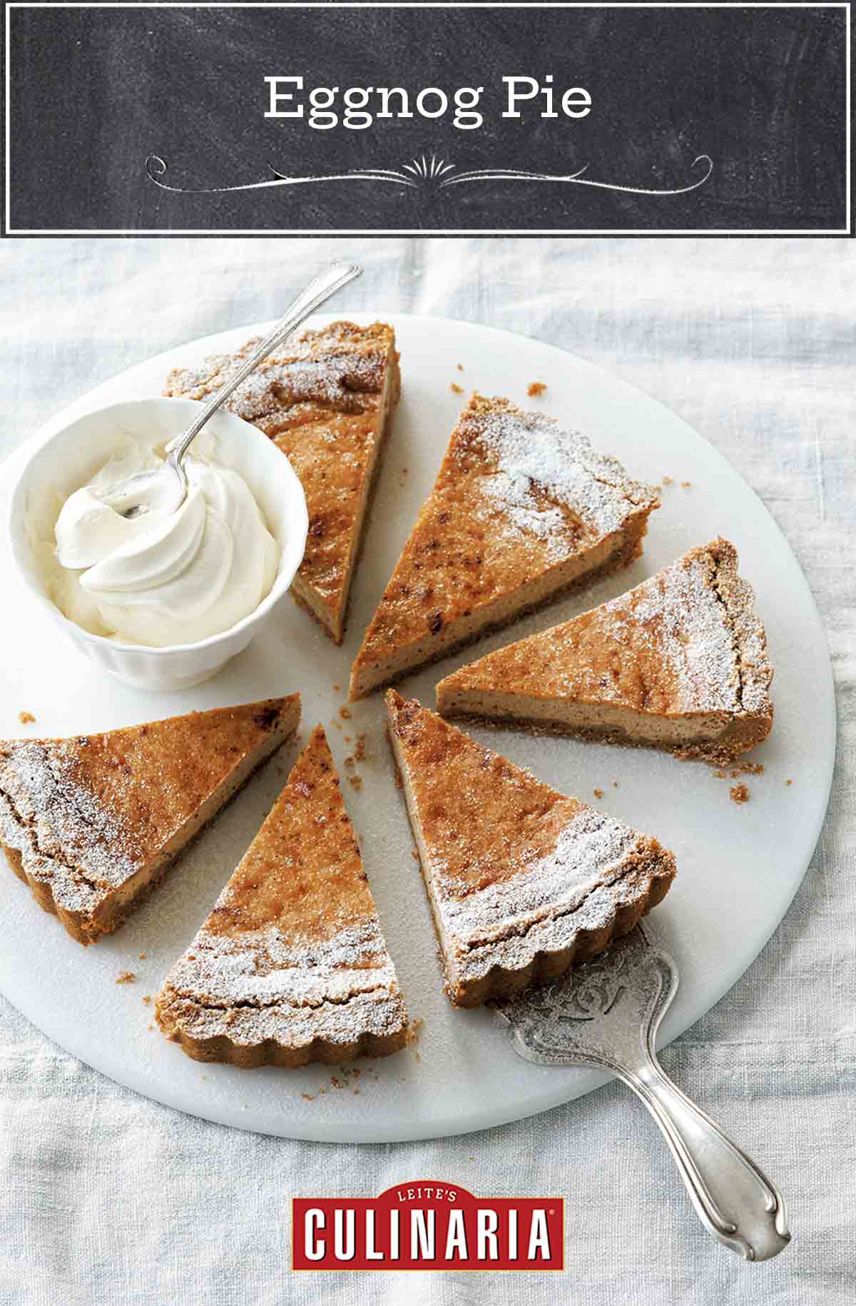 A round white plate with six slices of eggnog pie and a dish of whipped cream.