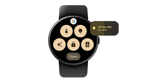 Swiping left or right on a Wear OS smartwatch to access the Google Home Favorites tile and then tapping into the light icon to increase the kitchen light from 50% to 100%.