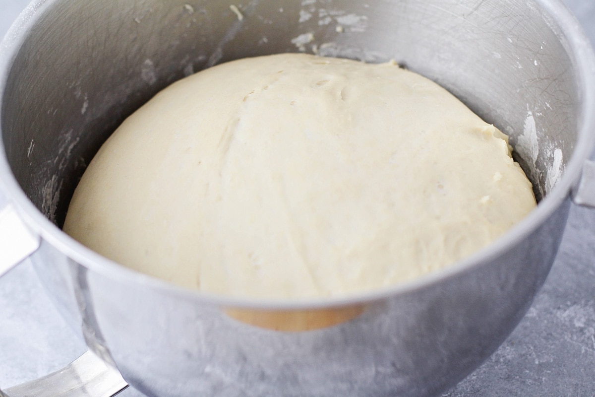 Bowl of bread dough ready for dividing.