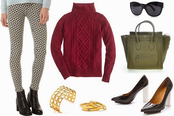 printed treggings with turtleneck top and black heels