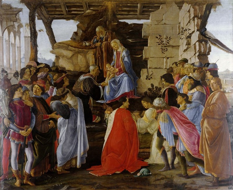 Image of Joseph, Mary, and the infant Jesus sitting elevated on a wall or platform above a large group of people, some of whom are kneeling to worship the Infant Jesus. One worshiper touches Jesus's feet.