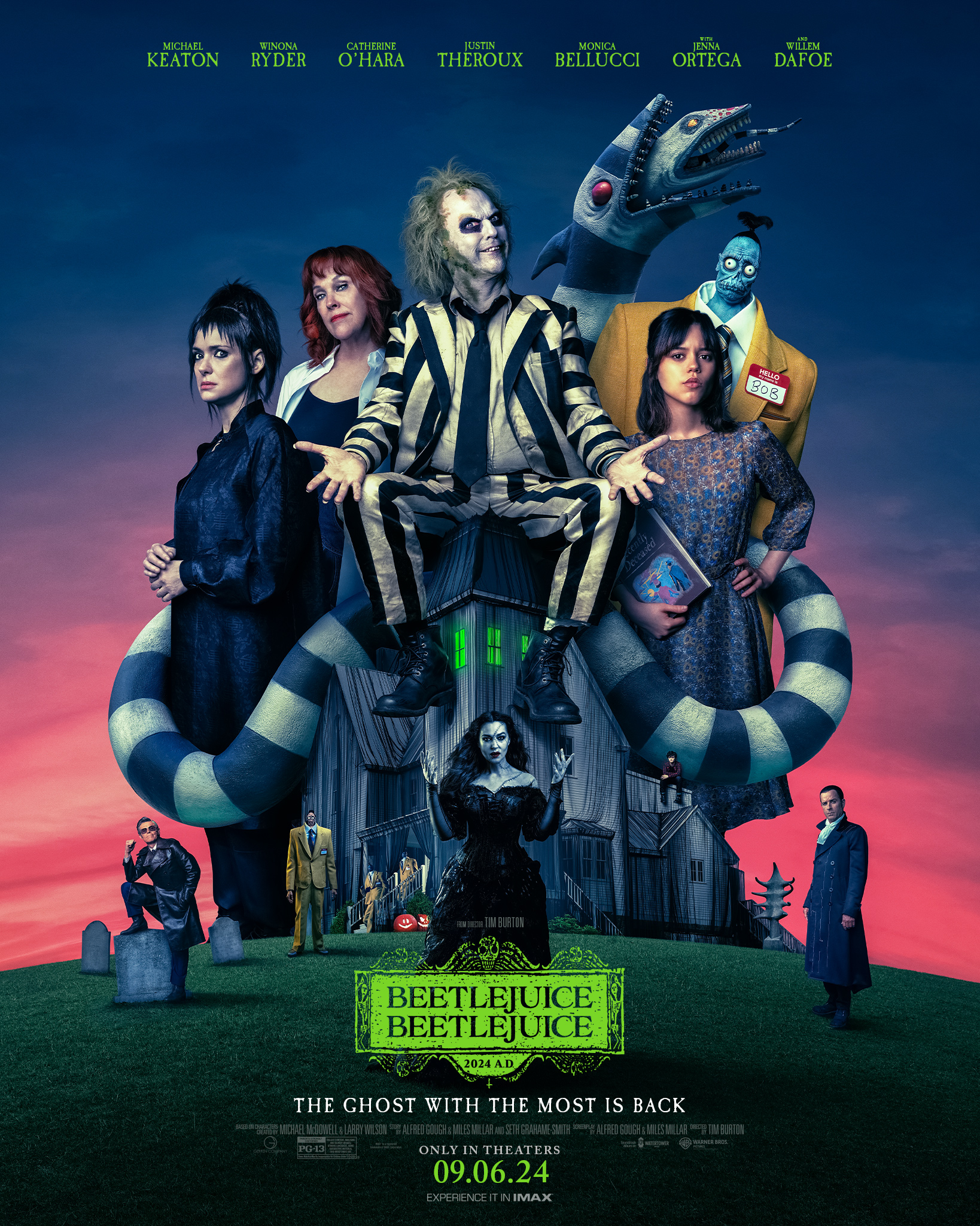 Winona Ryder, Willem Dafoe, Michael Keaton, Monica Bellucci, Catherine O'Hara, Justin Theroux, Arthur Conti, and Jenna Ortega in Beetlejuice Beetlejuice (2024)