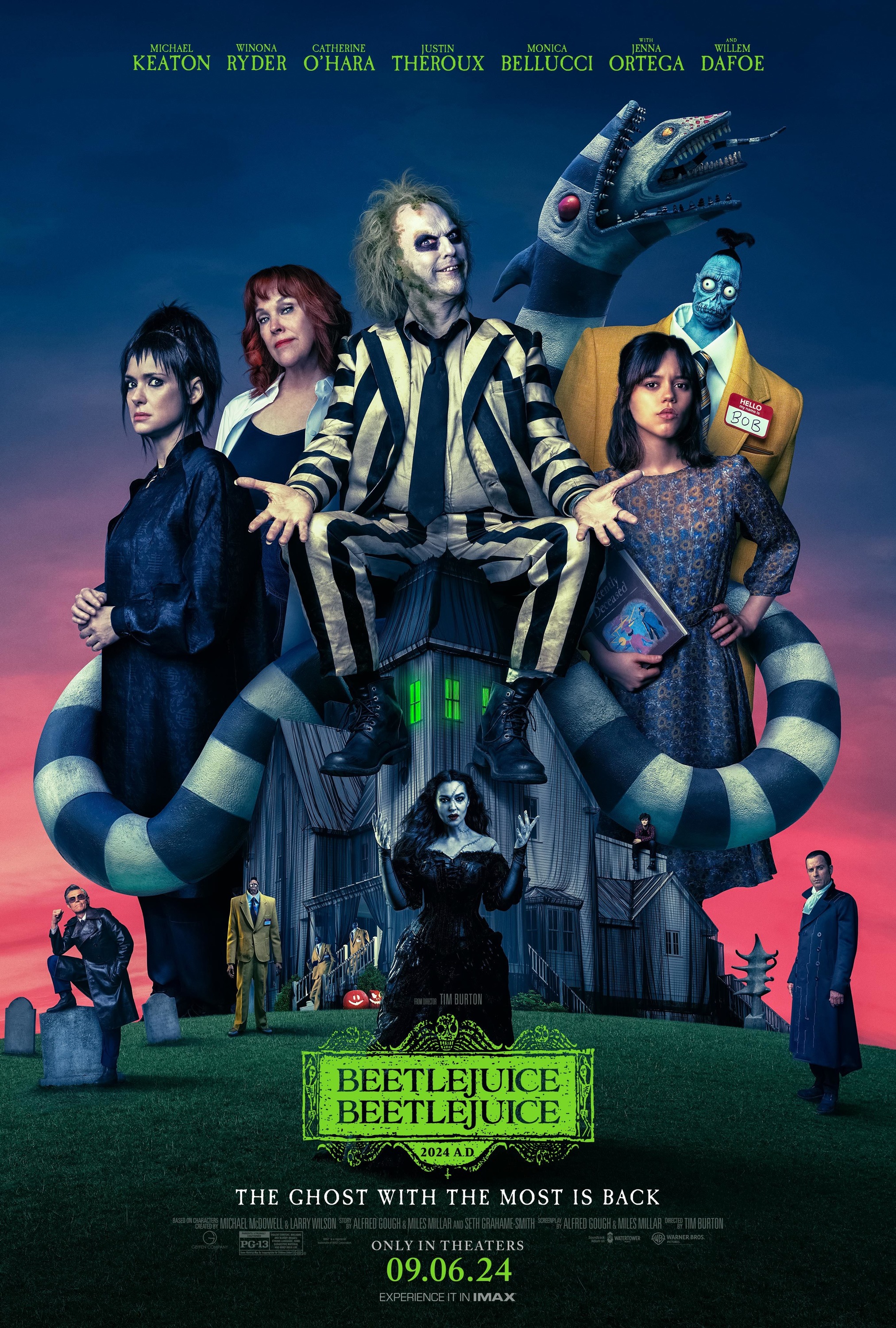 Winona Ryder, Willem Dafoe, Michael Keaton, Monica Bellucci, Catherine O'Hara, Justin Theroux, Arthur Conti, and Jenna Ortega in Beetlejuice Beetlejuice (2024)