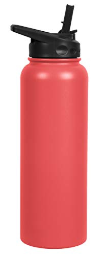 Fifty/Fifty 40oz, Double Wall Vacuum Insulated Sport Water Bottle, Stainless Steel, Straw Cap w/ Wide Mouth, Coral, 40oz/1.1L