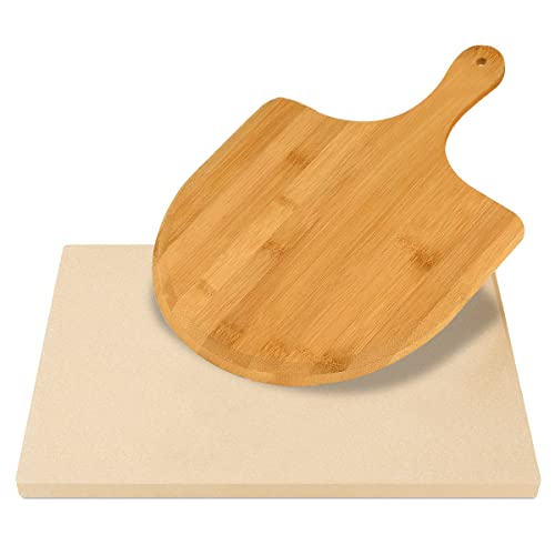 wood stone pizza oven - Augosta Pizza Stone for Oven and Grill, Free Wooden Pizza Peel paddle, Durable and Safe Baking Stone for grill, Thermal Shock Resistant cooking stone, 15 x 12 Inch