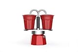 Bialetti - Mini Express Color: Moka Set includes Coffee Maker 2-Cup (2.8 Oz) + 2 shot glasses, Red, Aluminium