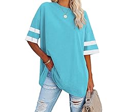 Fisoew Womens Oversized Tees Loose T Shirts Half Sleeve Crew Neck Color Block Cotton Tunic Tops