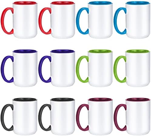 TANGLONG Sublimation Mugs 15 oz Sublimation Cups Bulk Coffee Mugs Tazas Para Sublimar 6 Assorted Colors Set of 12