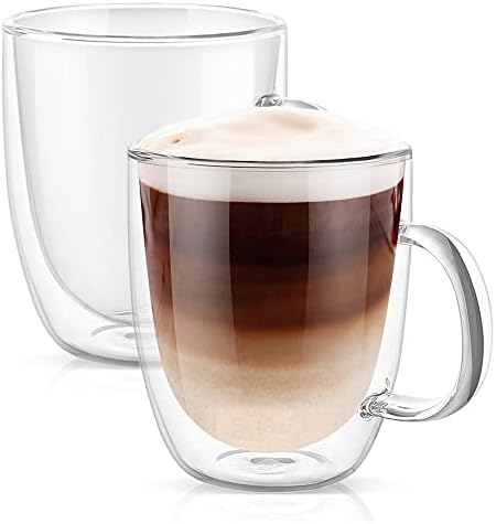 PunPun Large Clear Coffee Mugs Set of 2, Jumbo Mugs Double Wall Insulated Glass Mugs, Lead Free Unique Glass Coffee Mugs Each 500ml (17 oz)