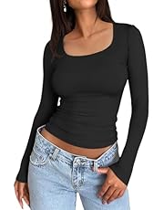 Trendy Queen Womens Long Sleeve Shirts Crop Tops Square Neck Going Out Basics Tees Y2K Winter Clothes 2025