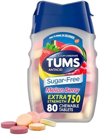 TUMS Extra Strength Chewable Sugar Free Antacid Tablets for Heartburn Relief, Melon Berry - 80 Count