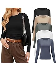 CE&#39; CERDR 3/5 Pack Womens Long Sleeve Shirts Crew Neck Basic Tees Tight Fitted Casual Going Out Stretchy Slim Tops