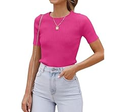 ZESICA Women's Short Sleeve Crewneck T Shirt Summer Ribbed Knit Slim Fit Basic Solid Color Tee Tops