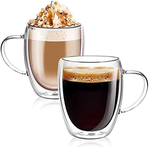 Double Walled Glass Coffee Cups, Insulated Latte Glasses Mugs Set of 2, Mug Tea Cups with Handles, Heat Resistant, 350ml Cappuccino Espresso Cup (Clear)