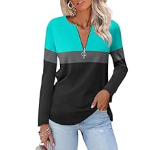 TICTICMISS Women's Long Sleeve Shirts Zipper Color Block V Neck Tunic Tops Casual Blouse