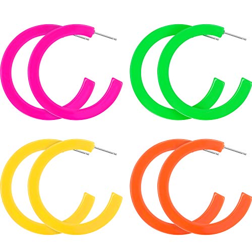 4 Pairs Neon Hoop 80s Earrings, Pink, Green, Yellow, Orange