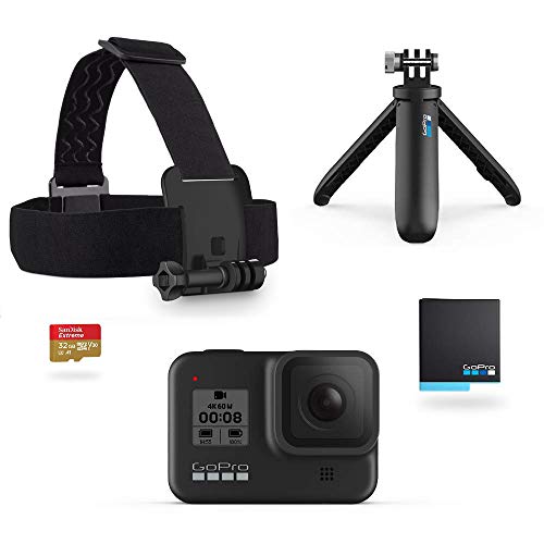 GoPro Hero8 Black Official Holiday Bundle - Includes Hero8 Black Camera Plus Shorty, Head Strap, 32GB SD Card, and 2 Rechargeable Batteries