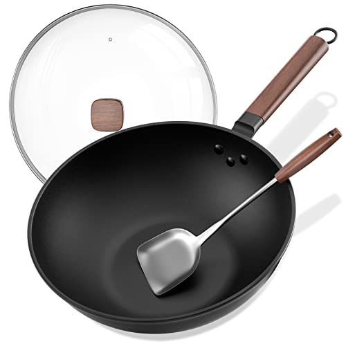 Eleulife Wok Pan with Lid, 13 Inch Carbon Steel Wok with Spatula, Nonstick Woks and Stir-fry Pans, No Chemical Coated Flat Bottom Chinese Wok for Induction, Electric, Gas Stove, All Stoves