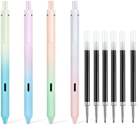 4pcs Retractable Gel Ink Pens with BONUS 6pcs Black Pen Refills, 0.5mm Fine Point Tip Pen Comfort Grip Smooth Writing with Aesthetic Gradient Color Barrel for Journaling Note Taking Sketching.