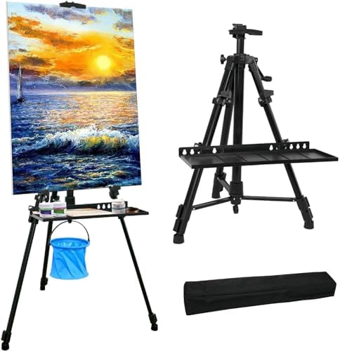 NewZeal Artist Easel Stand Painting Stand Art Easel, 20"to 61" Art Easel for Painting Canvase & Displaying, Aluminum Adjustable Height Display Tripod with Portable Bag/Folding Keg.(Black)