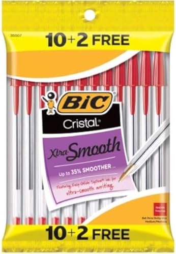 Bic Cristal Xtra-Smooth Ball Pen - 10 plus 2 Bonus Pack (12 count) - Red Medium Point Ballpoint Pen