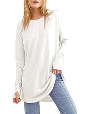 Fisoew Women&#39;s Casual Long Sleeve Tops Crew Neck Round Hem Loose T-Shirts Tunic Tops with Thumb Holes