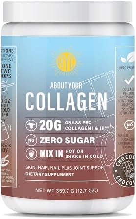 ABOUT YOUR COLLAGEN Chocolate Peptides Powder, Grass Fed Hydrolyzed Type 1&3 Collagen, Promotes Hair, Skin, Nails, Bones, Joint Health (30 Servings) (Chocolate)