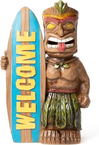 VP Home Welcome Tiki Statue with Surfboard - Solar Powered 14" Tall Tiki Stand with Automatic Switch On Flickering Eyes LED Light - for Outdoor Decoration - Perfect for Beach Resort, Halloween Decor