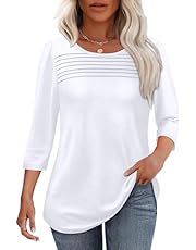 OFEEFAN Womens Tops 3/4 Length Sleeve Blouses Dressy Casual Spring Summer Outfits Pleated Front T Shirts Curved Hem