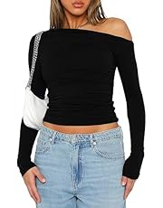 Darong Women&#39;s Casual Long Sleeve Boat Neck Off Shoulder Slim Fit Crop Top Going Out Blouses Y2K Tight Shirts