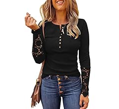 Limerose Women's Long Sleeve Lace Trim Tunic Tops Button Down Casual Blouse Cute Crew Neck Ribbed Shirt