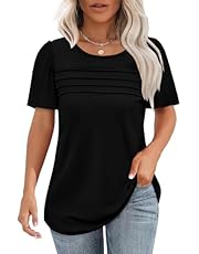 OFEEFAN Womens T Shirts Short Sleeve Tops Dressy Casual Blouses Spring Summer Outfits Flowy Pleated Front Scooped Neck