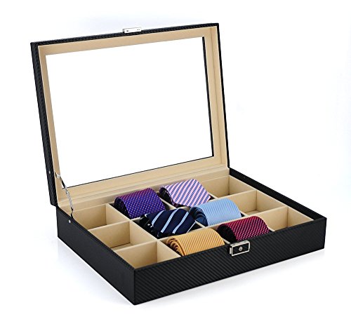 Tie Display Case for 12 Ties, Belts, and Men's Accessories Black Carbon...