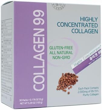 COLLAGEN 99 Highly Concentrated Collagen 99% 30 Packs Food for Beauty. Gluten Free. Circulatory System and Digestive Health, Hair, Nails and Skin. Made in Korea.