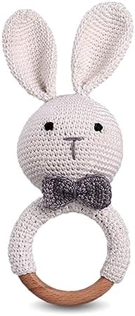 FIRSTCRY INTELLIBABY Intellibaby Premium Bunny Wooden Rattle for Baby and Toddlers, Crochet Bunny Rattle Toy Natural Wool, Bis Certified, Baby Gift for Toddlers, White, 0-2 Years