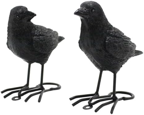 JARPSIRY Set of 2 Crow Statues Outdoor Decor for Tree, Resin Bird Figurines Fake Black Raven Decoy Halloween Decoration for Yard, Garden, Deck, Patio Ornaments