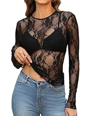 OFEEFAN Womens Mesh Tops Lace Long Sleeve Shirts Crewneck Slim Fitted Outfits See Through Blouses