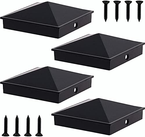 Azdele 4x4 Aluminum Pyramid Post Caps Cover for 4x4 Nominal Wood Post(Actual/True 3.5" x 3.5"), with Matte Finish Powder Coated Surface, for Fence Wood Post of Decks or Corridors(Black, 4 Pack)