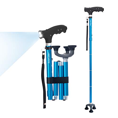 BeneCane Walking Cane Folding Cane Adjustable Cane for Men Women Seniors LED Light Fold-up Lightweight Sturdy 3-Rubber Feets Portable Walking Stick - Balancing Mobility Aid (Blue) 33'-37'