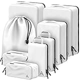 Well Traveled 8-Piece Deluxe Compression Packing Cubes for Travel - Maximize Space in Luggage with HybridMax Double Capacity Design, Luxury Suitcase Organizer Bags, Large, Small, & Medium Set, White