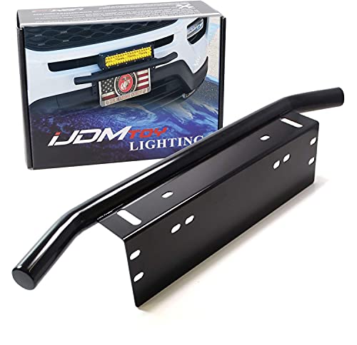 bull bar for 2011 toyota tacoma - iJDMTOY AA3117 Universal Fit Bull Bar Style Black Painted Stainless Steel Front Bumper License Plate Mount Bracket Holder Compatible with Off-Road Lights, LED Work Lamps, LED Lighting Bar